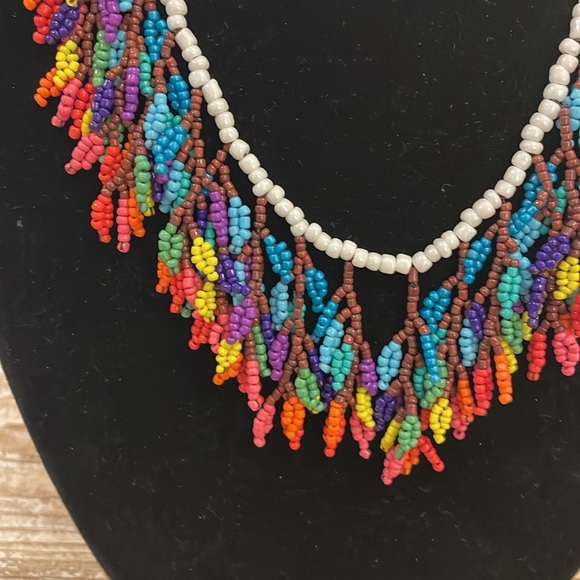Vintage White Rainbow Multicolor Seed Beaded Bib Collar Statement Necklace - Picture 2 of 3